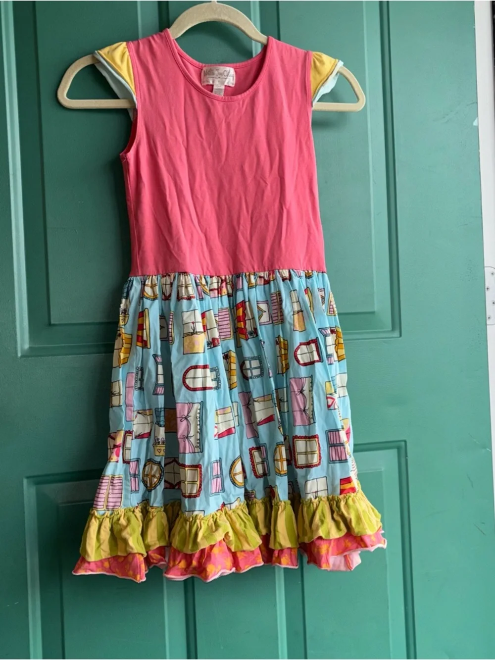 Matilda Jane 10 Girls Pink Bodice Blue Patterned Ruffle Hem Casual Dress